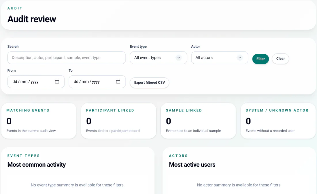 ChimeraBio audit review screen with filters, event summaries and activity reporting panels