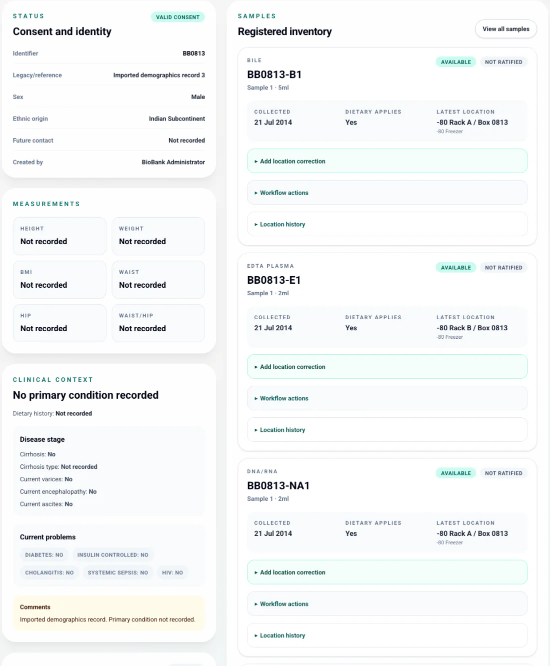 ChimeraBio participant profile showing demographic data, clinical context and registered sample inventory