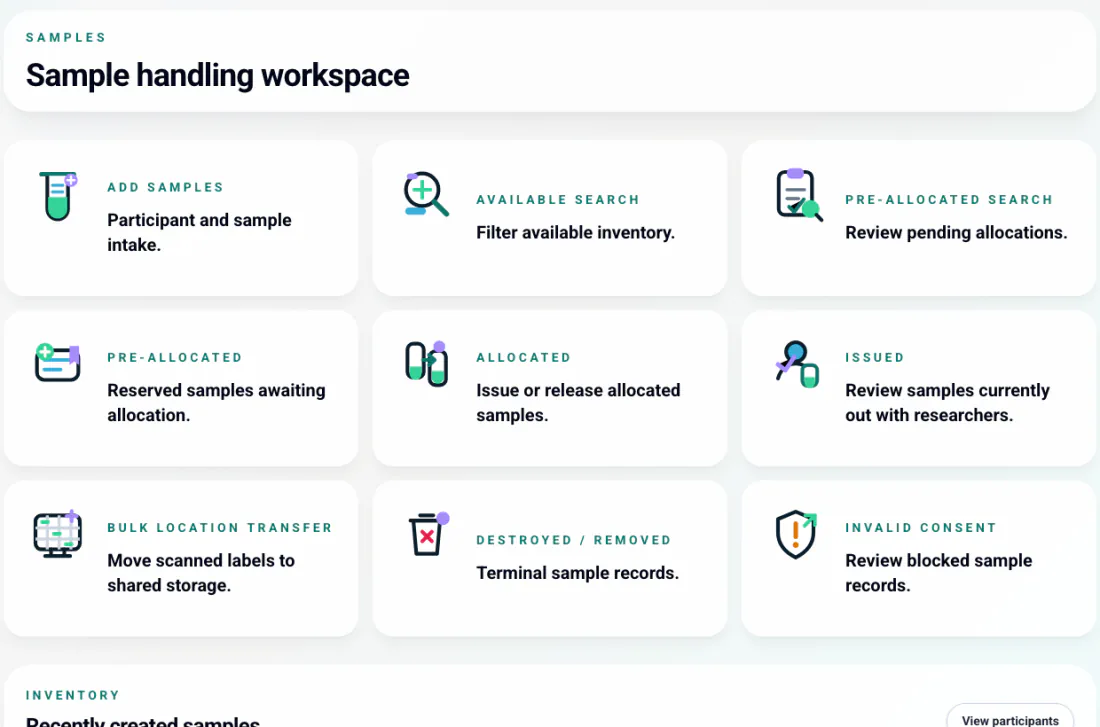 ChimeraBio sample handling workspace showing sample intake, allocation, issue and consent workflows