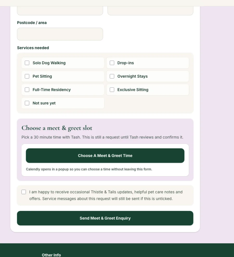 Thistle & Tails meet and greet enquiry form with service checkboxes and Calendly booking action