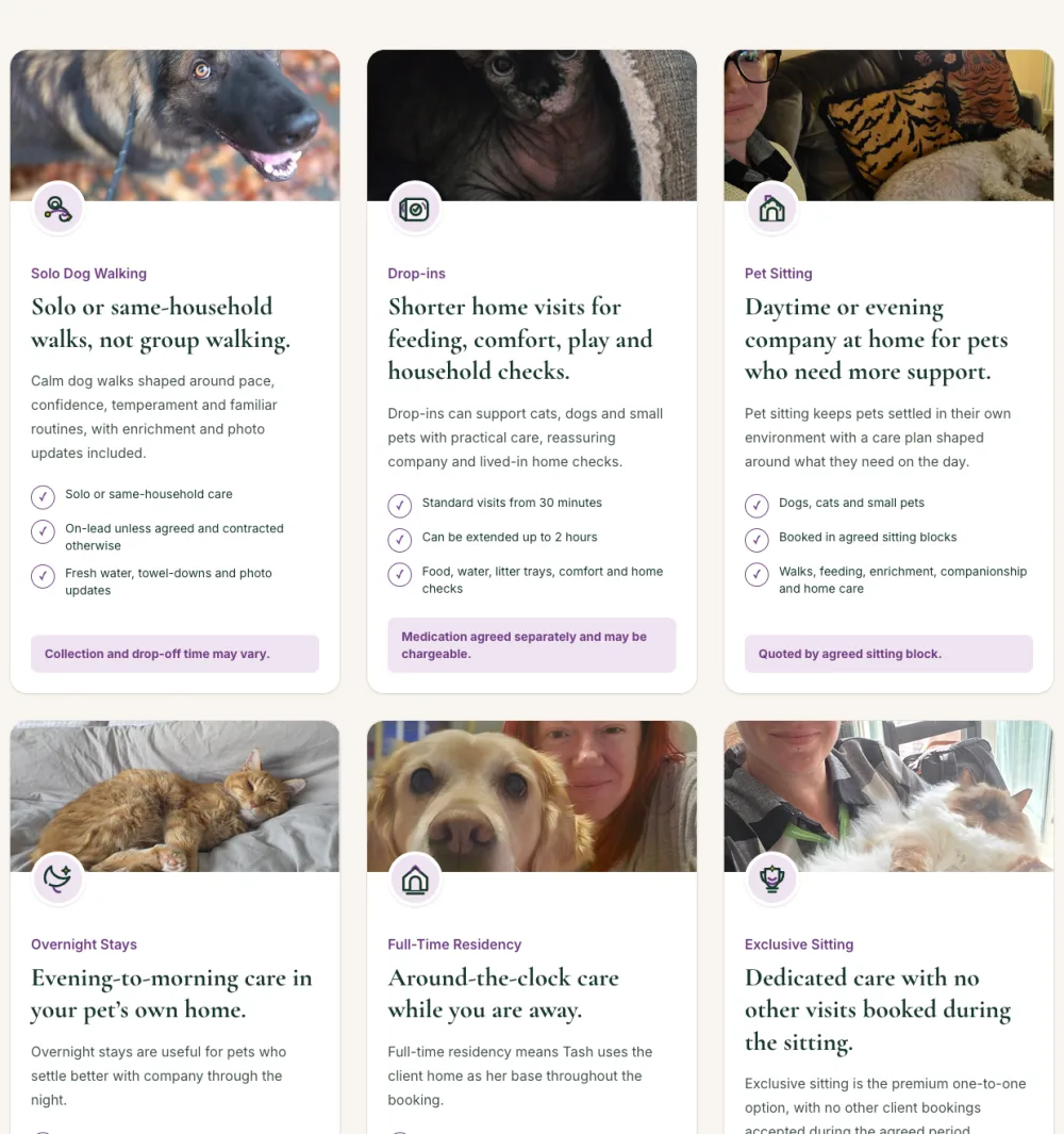 Thistle & Tails services page showing pet care service cards for dog walking, drop-ins and pet sitting